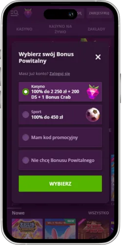 wybór bonusu przy rejestracji malinacasino