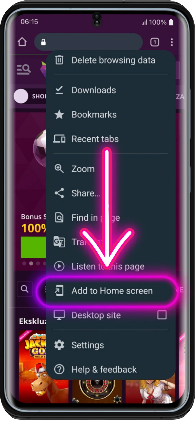 Kliknij Add to Home Screen mobile app malina casino