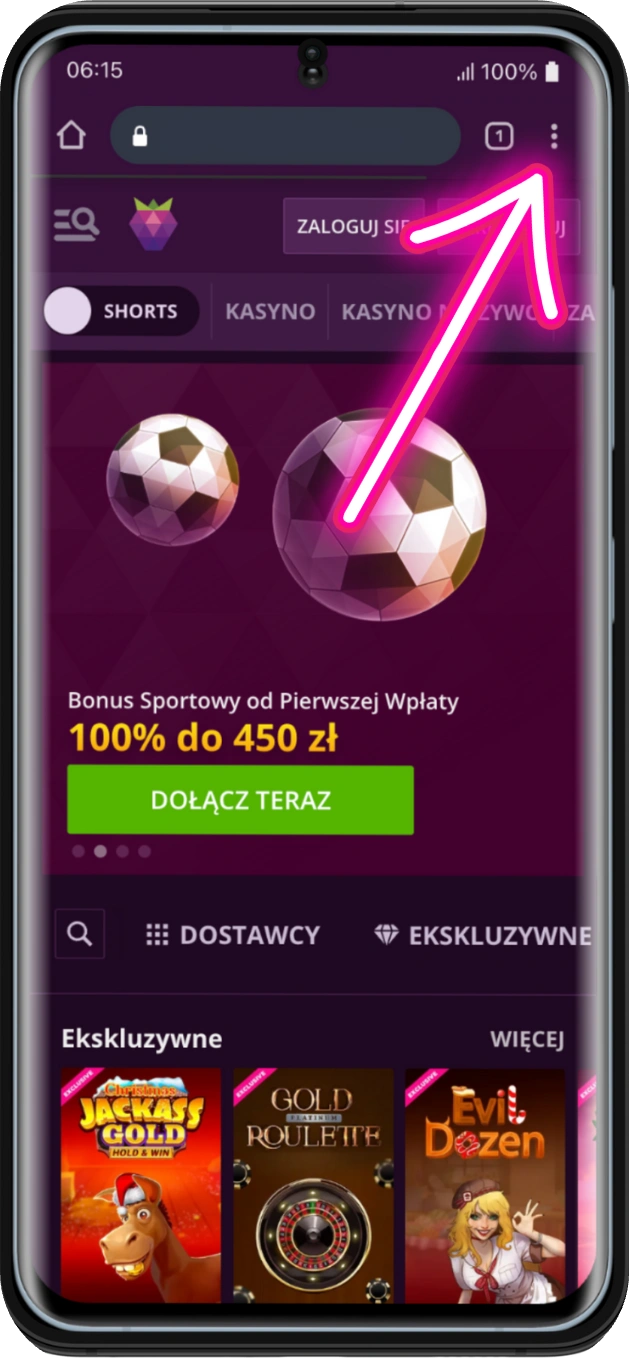 Kliknij trzy kropki na górze ekranu mobile app malina casino